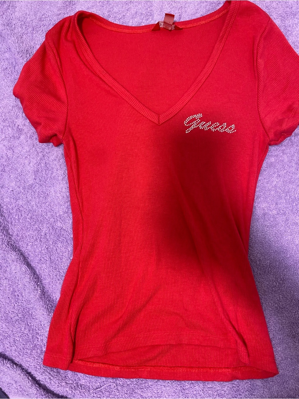 Guess Red V-Neck Ribbed Short Sleeve Top with Crystal Logo
